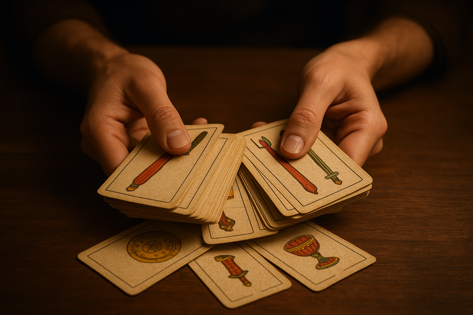 Manos barajando cartas de Bastos de la Baraja Española sobre una mesa de madera, luz cálida y ambiente sobrio