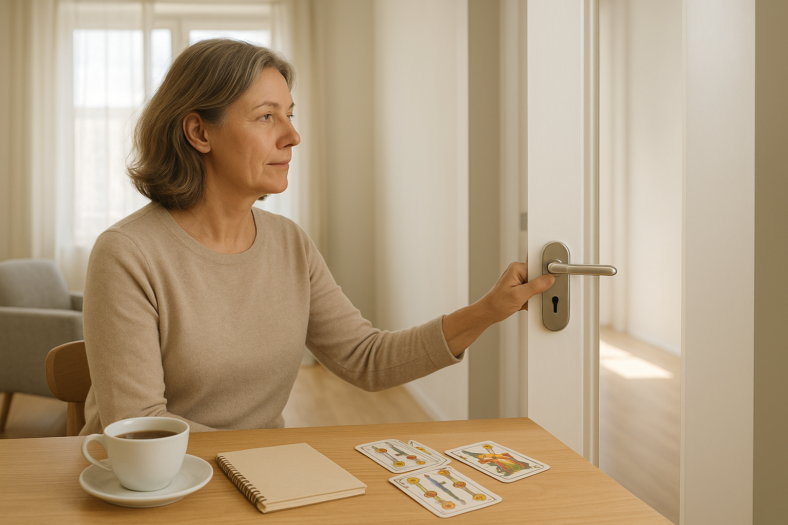 Mujer adulta abriendo una puerta hacia un pasillo iluminado por luz natural, con una baraja española en una mesa cercana y una ventana que deja entrar el sol