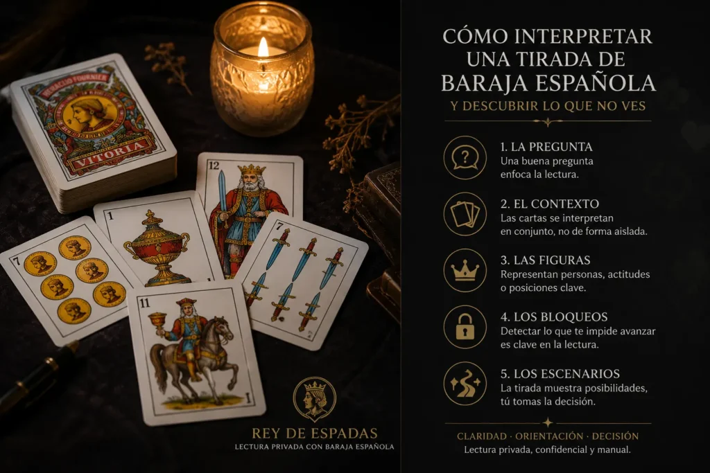 Tirada de baraja española sobre fondo oscuro para interpretar cartas, figuras y bloqueos ocultos