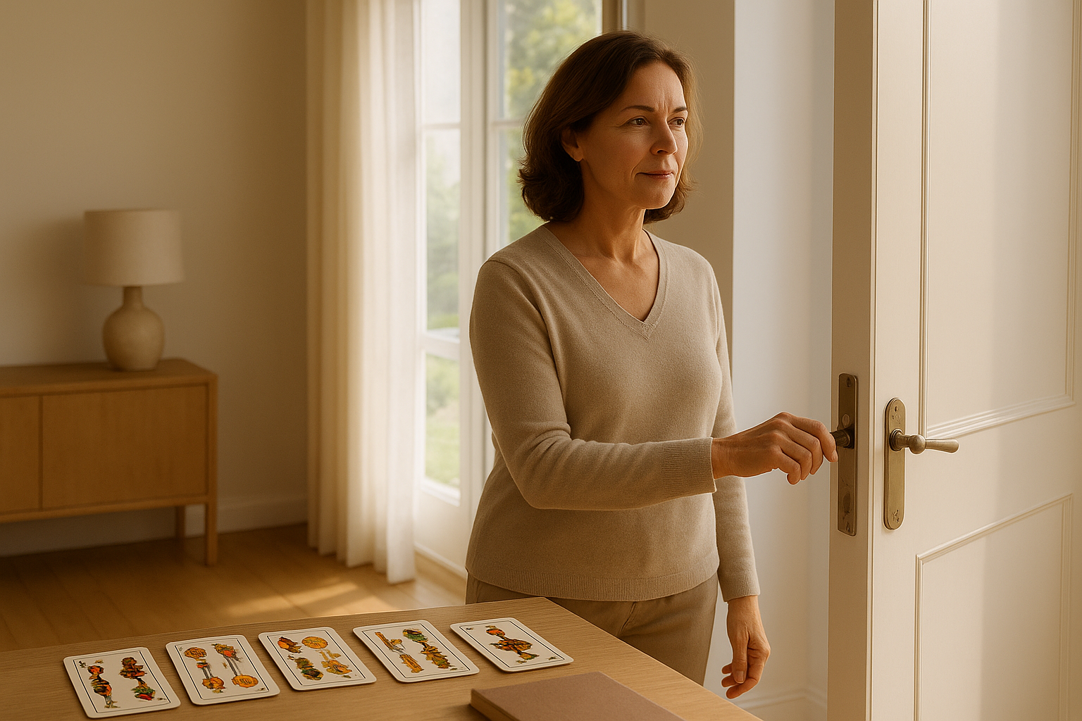 Mujer adulta abriendo una puerta a un espacio luminoso, con cartas de la Baraja Española sobre una repisa cercana y luz natural entrando por la ventana.
