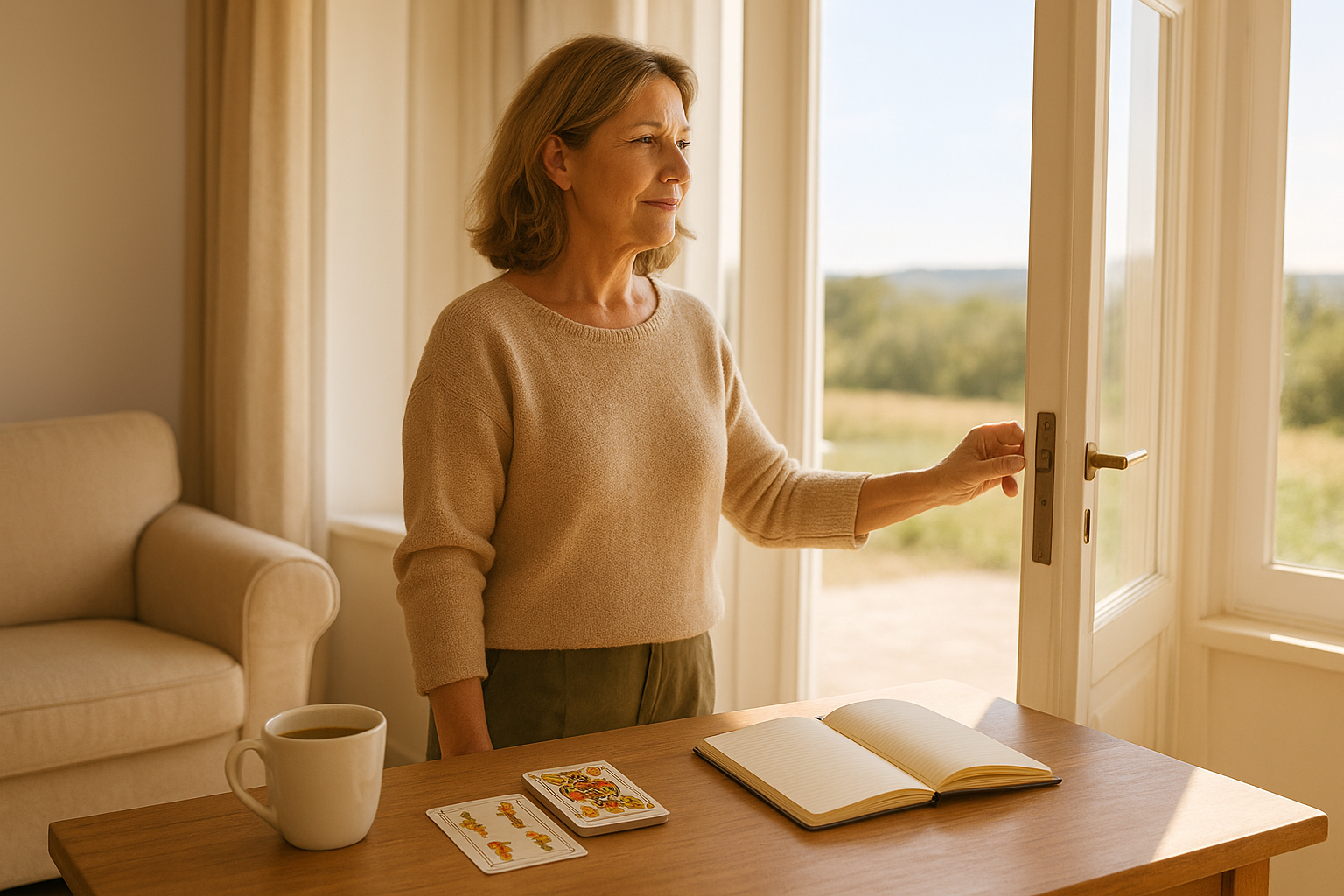Mujer adulta abriendo una puerta hacia un espacio luminoso con luz natural; en primer plano se ve una mesa con una baraja española y una taza, la escena transmite claridad y decisión.