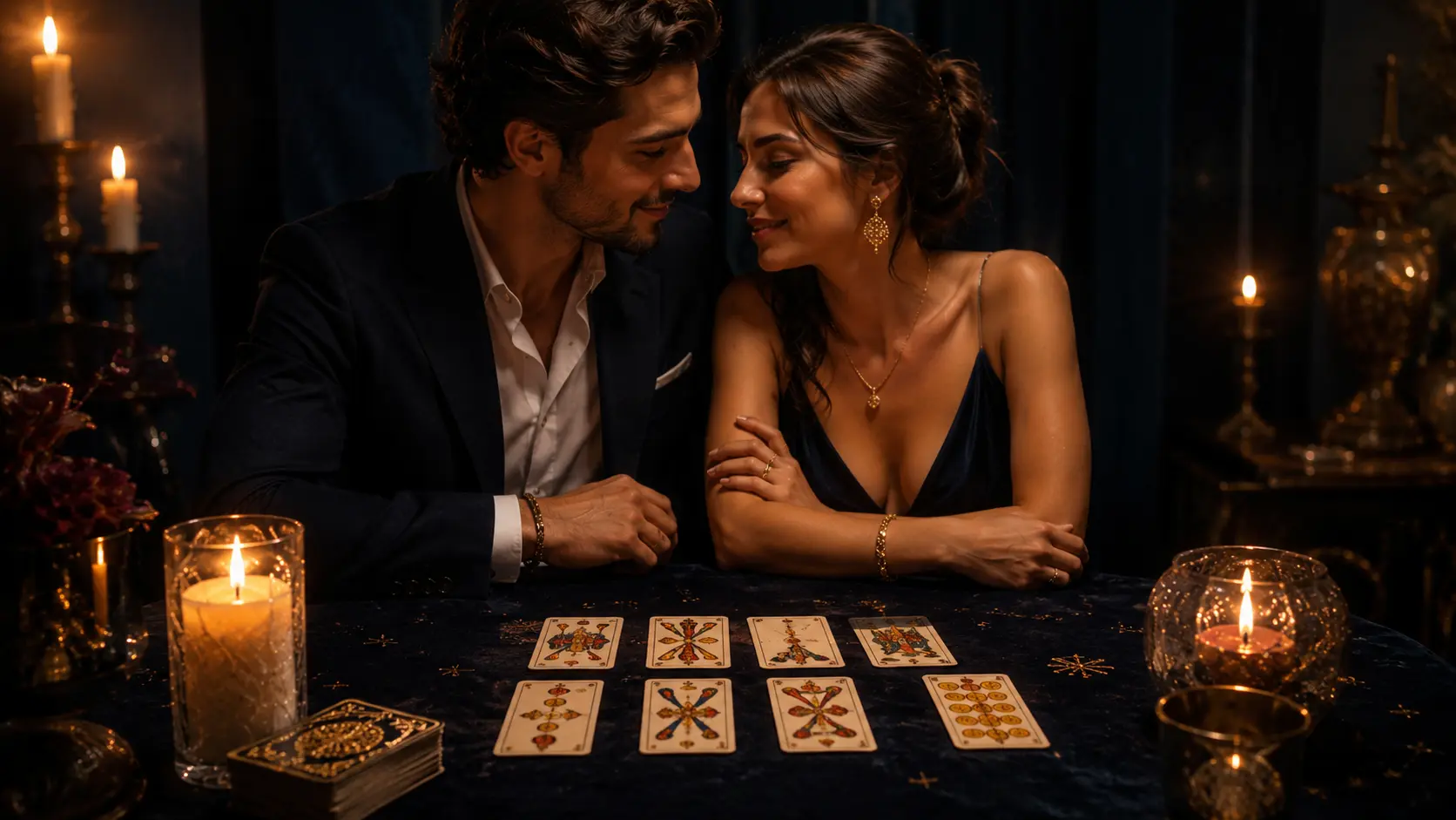 Dos enamorados frente a una tirada de cartas de baraja española en un ambiente íntimo y elegante