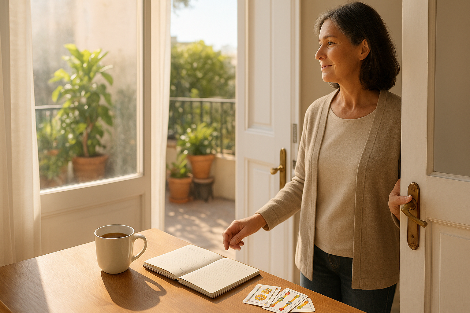 Mujer adulta abriendo una puerta a un espacio iluminado por el sol, con cartas de la Baraja Española visibles en una mesa cercana y una ventana que deja entrar luz natural.