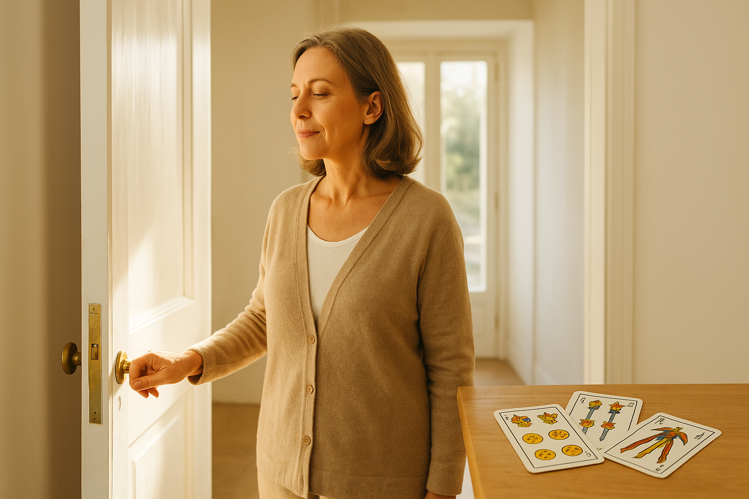Mujer adulta abriendo una puerta hacia un espacio luminoso; al fondo, una ventana con luz natural y una mesa con cartas de la Baraja Española parcialmente visibles, escena de claridad y decisión.
