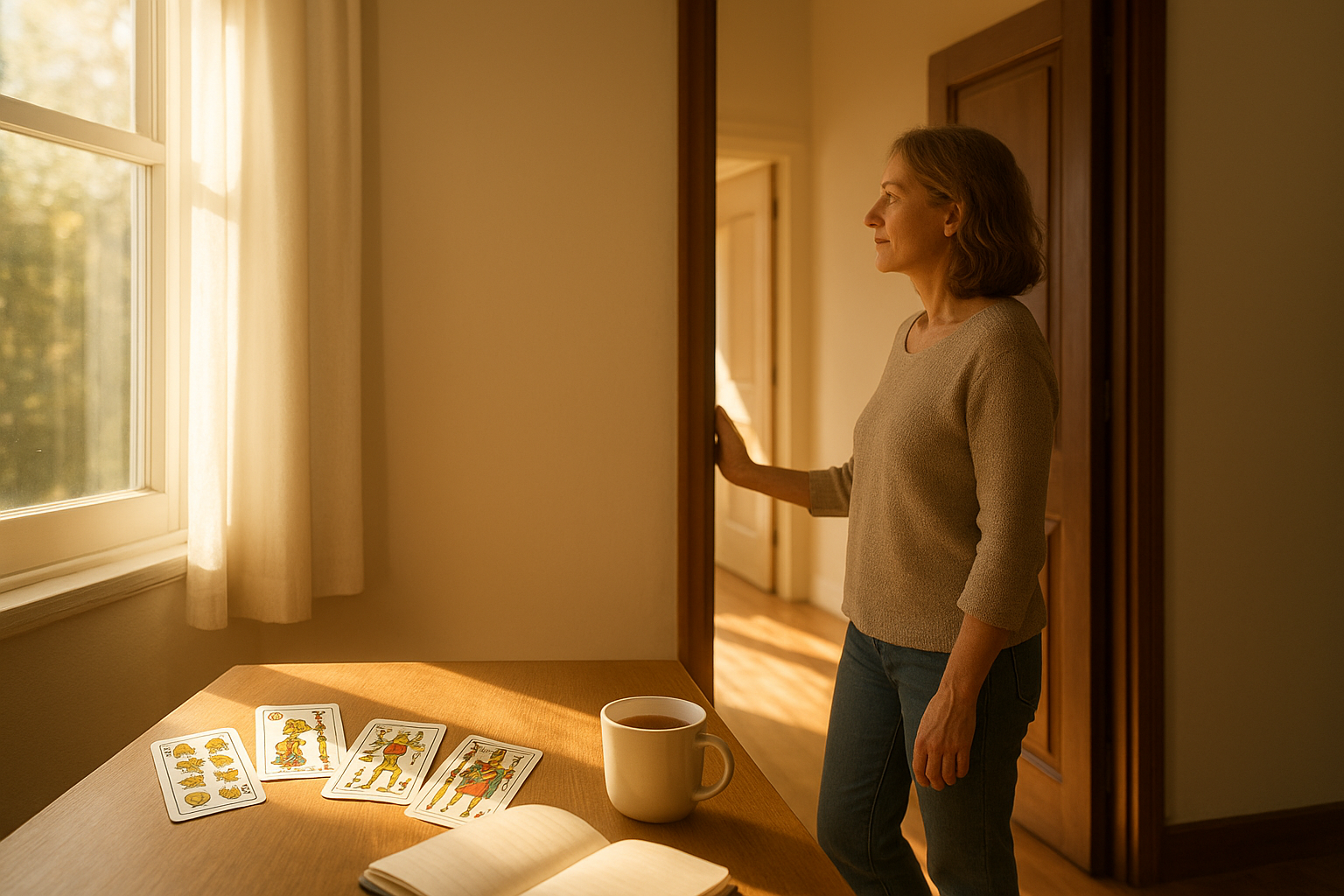 Mujer adulta abriendo una puerta hacia un corredor luminoso; sobre una mesa cercana aparecen cartas de la Baraja Española integradas en la escena, con luz natural entrando por la ventana y sensación de claridad y decisión.