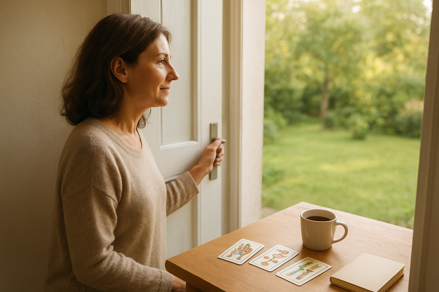 Mujer adulta abriendo una puerta hacia un espacio luminoso; en el umbral se ven cartas de la Baraja Española sobre una repisa y una ventana que deja entrar luz natural, sensación de claridad y decisión.