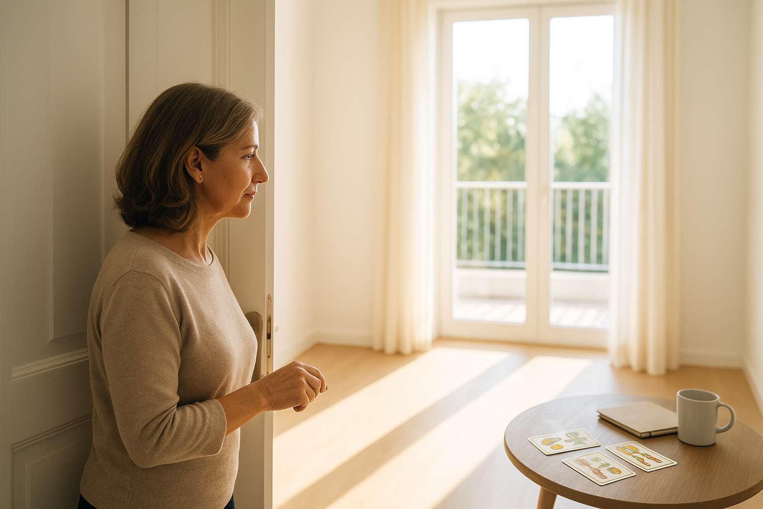 Mujer adulta abriendo una puerta hacia un espacio iluminado por luz natural; en segundo plano una ventana y un rincón con cartas de Baraja Española como detalle, sensación de claridad y decisión.