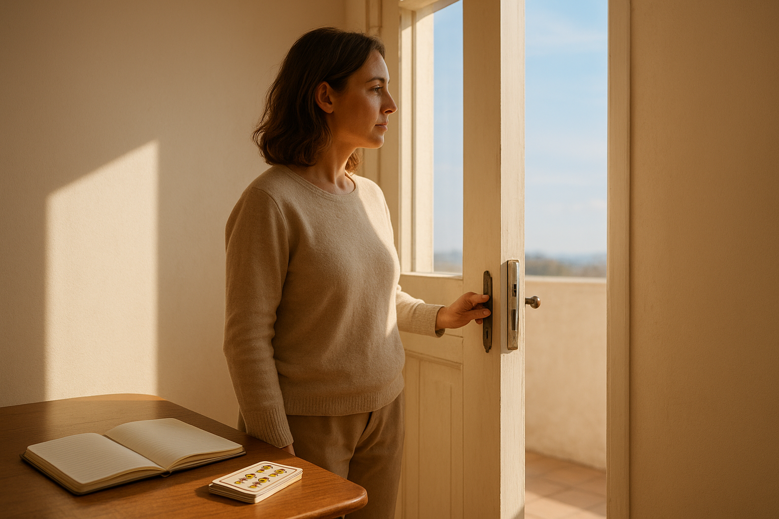 Mujer adulta abriendo una puerta bañada por luz natural, con un mazo de cartas apoyado en una mesa cercana; sensación de claridad y decisión