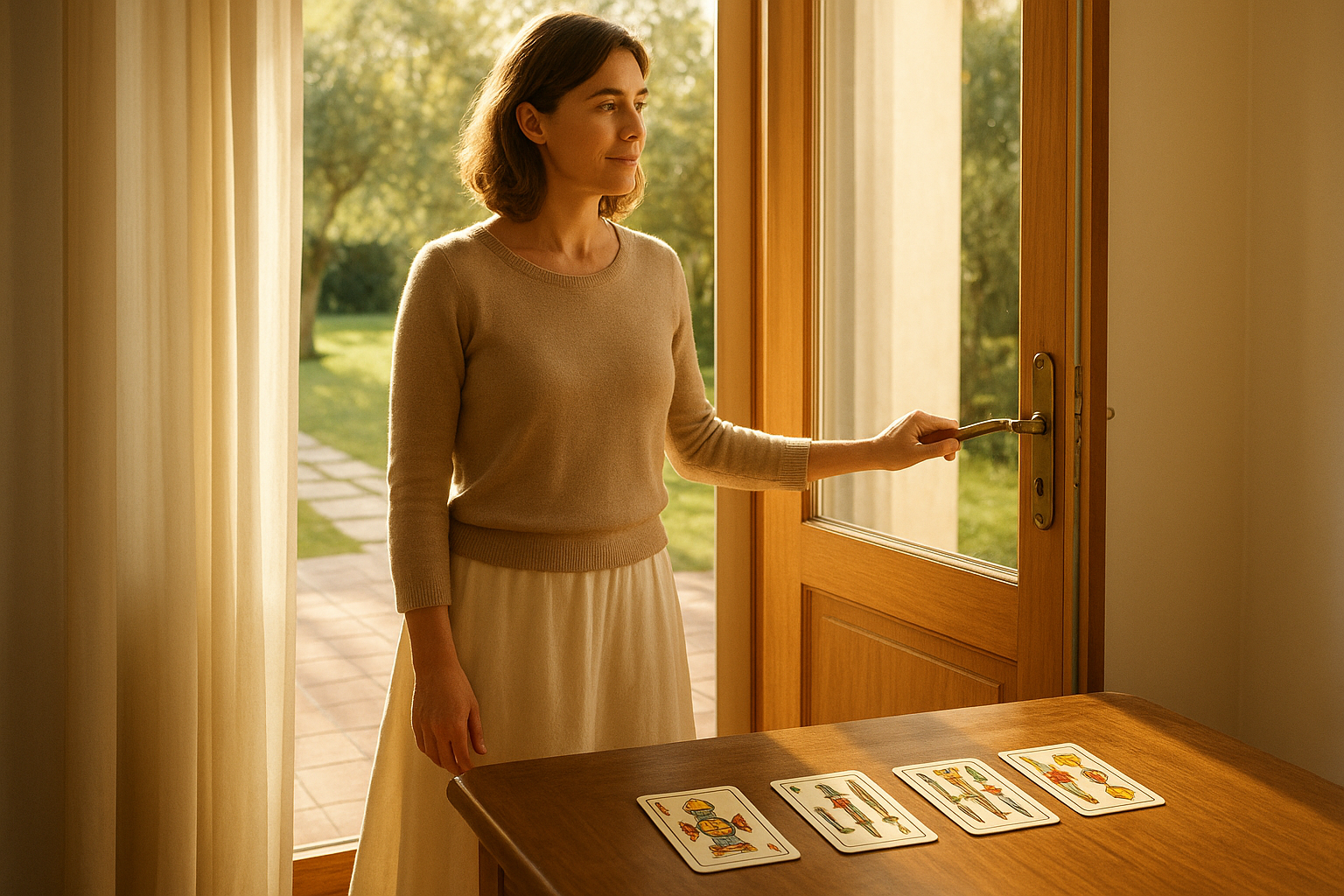 Mujer adulta abriendo una puerta hacia un sendero iluminado, con cartas de la Baraja Española discretamente visibles en una mesa junto a una ventana que deja entrar luz natural.