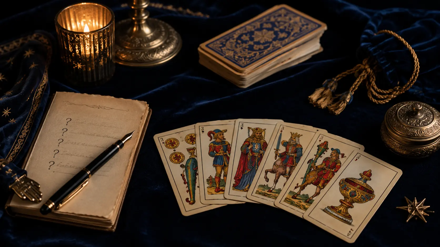 Cuaderno con preguntas y cartas de baraja española para preparar una lectura privada