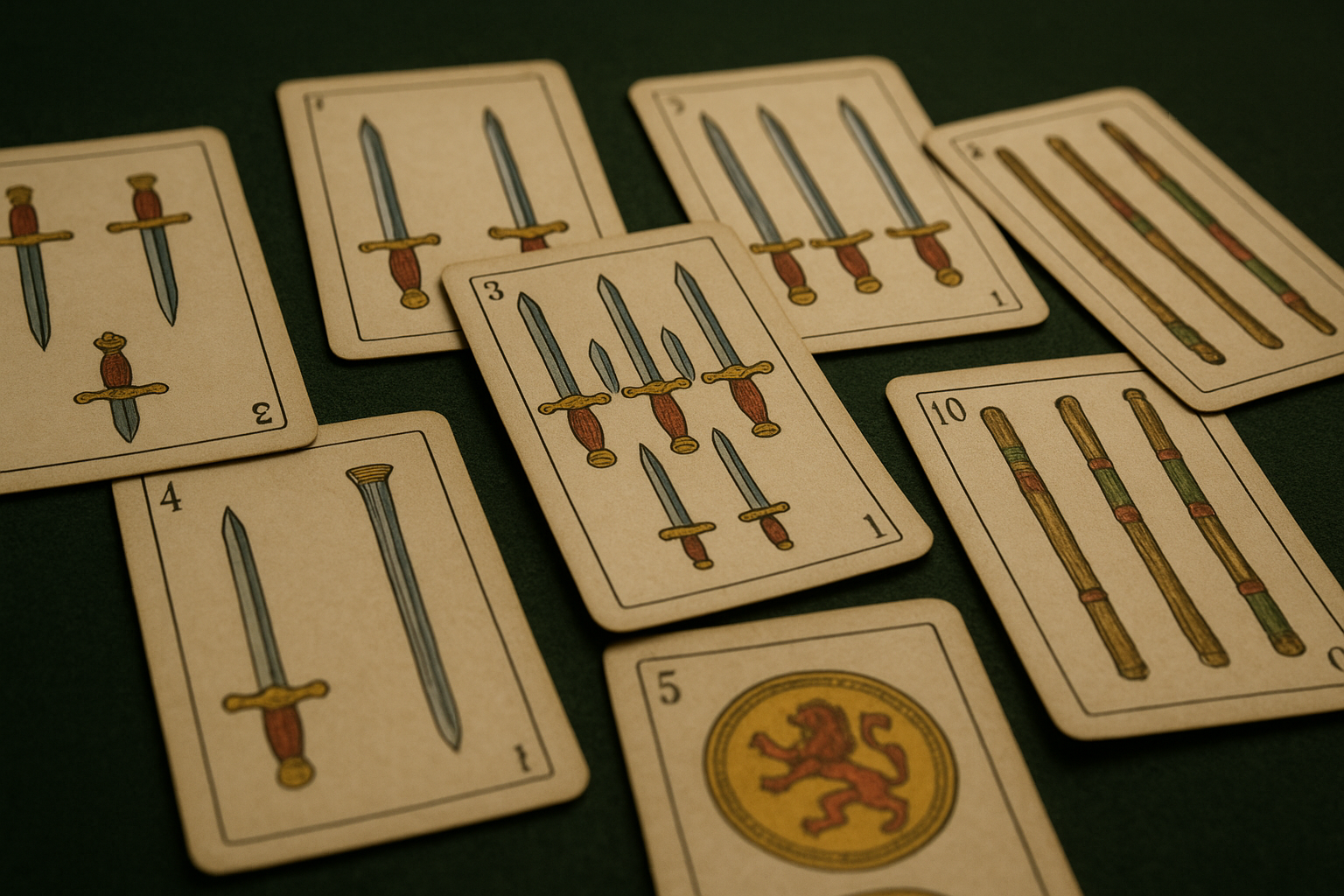 Cartas de Baraja Española sobre mesa para ilustrar el articulo Qué significa recibir muchas cartas de espadas en una tirada de Baraja Española