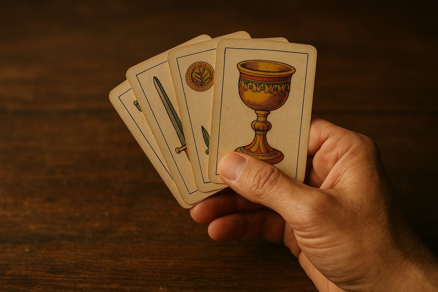 Mano sosteniendo cartas de la Baraja Española con símbolos de copas sobre una mesa de madera, luz cálida