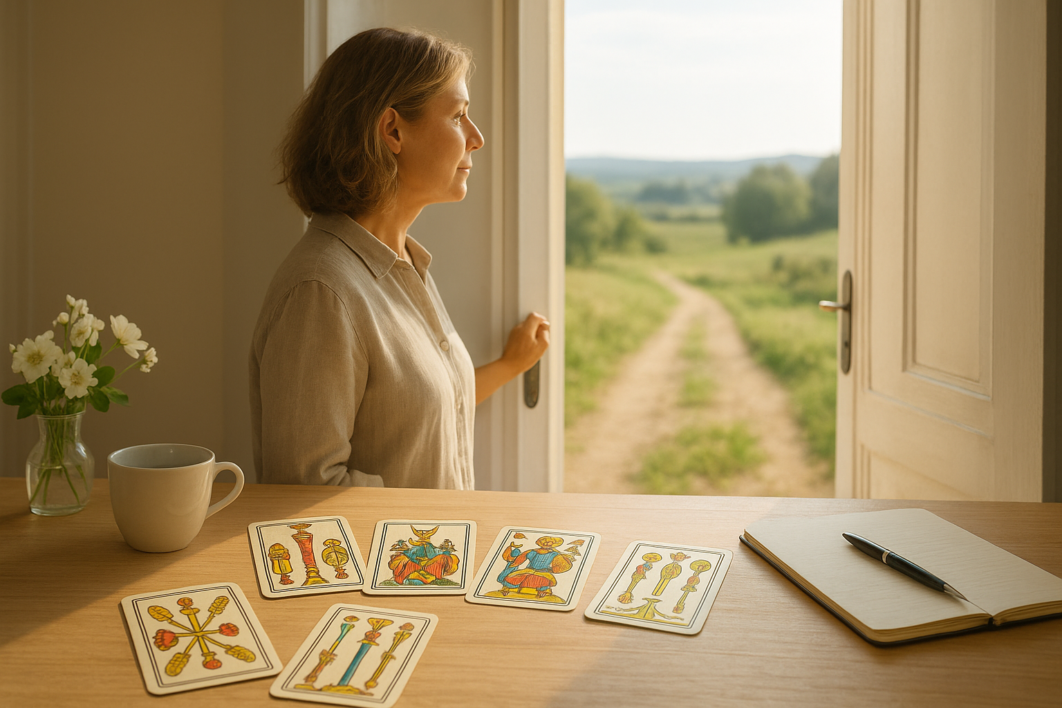 Mujer adulta abriendo una puerta hacia un pasillo iluminado con luz natural; cartas de la Baraja Española visibles sobre una mesa cercana, pero como parte de la escena, transmitiendo claridad y decisión.