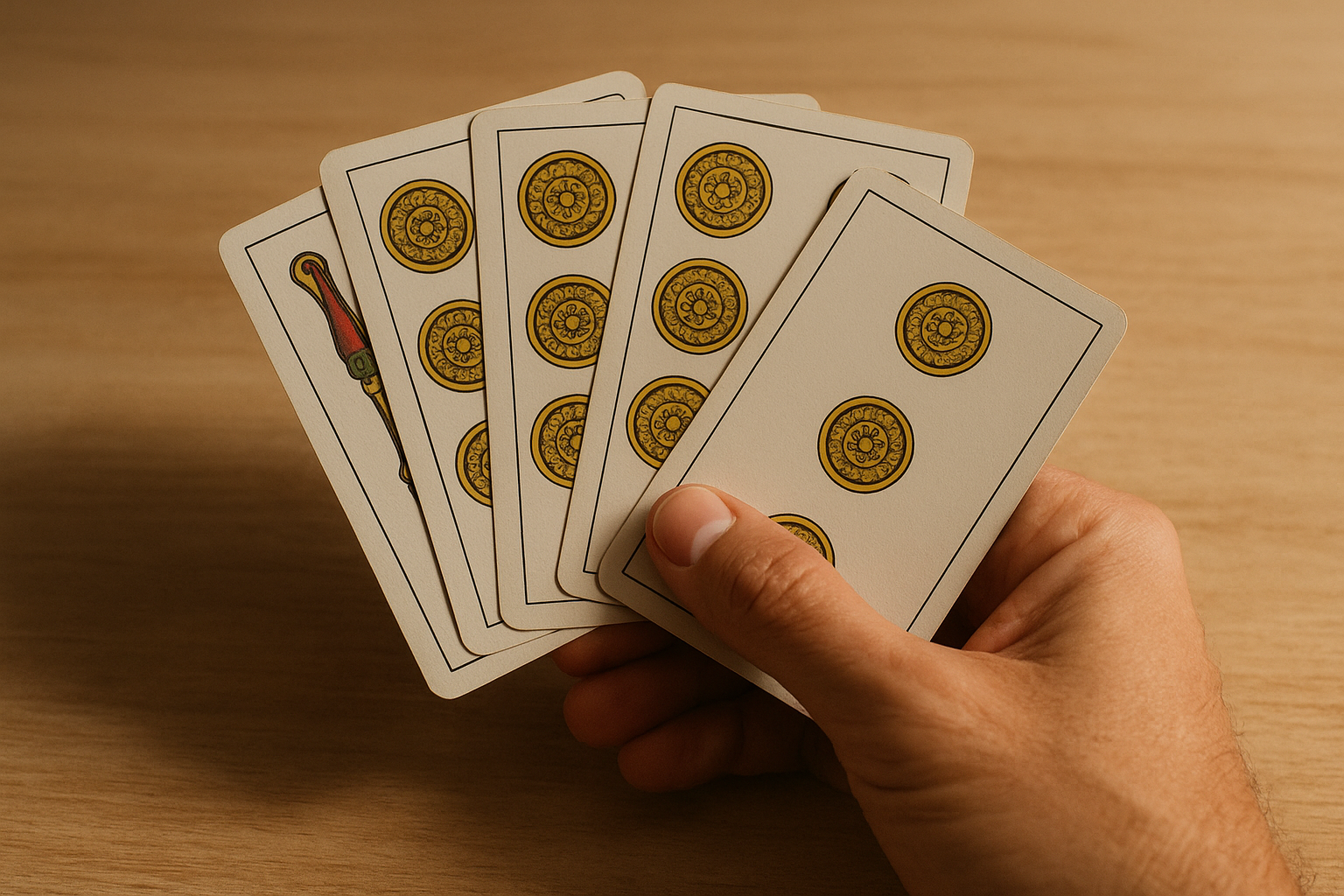 Mano sosteniendo cartas de la Baraja Española con predominio del palo de Oros sobre una mesa de madera