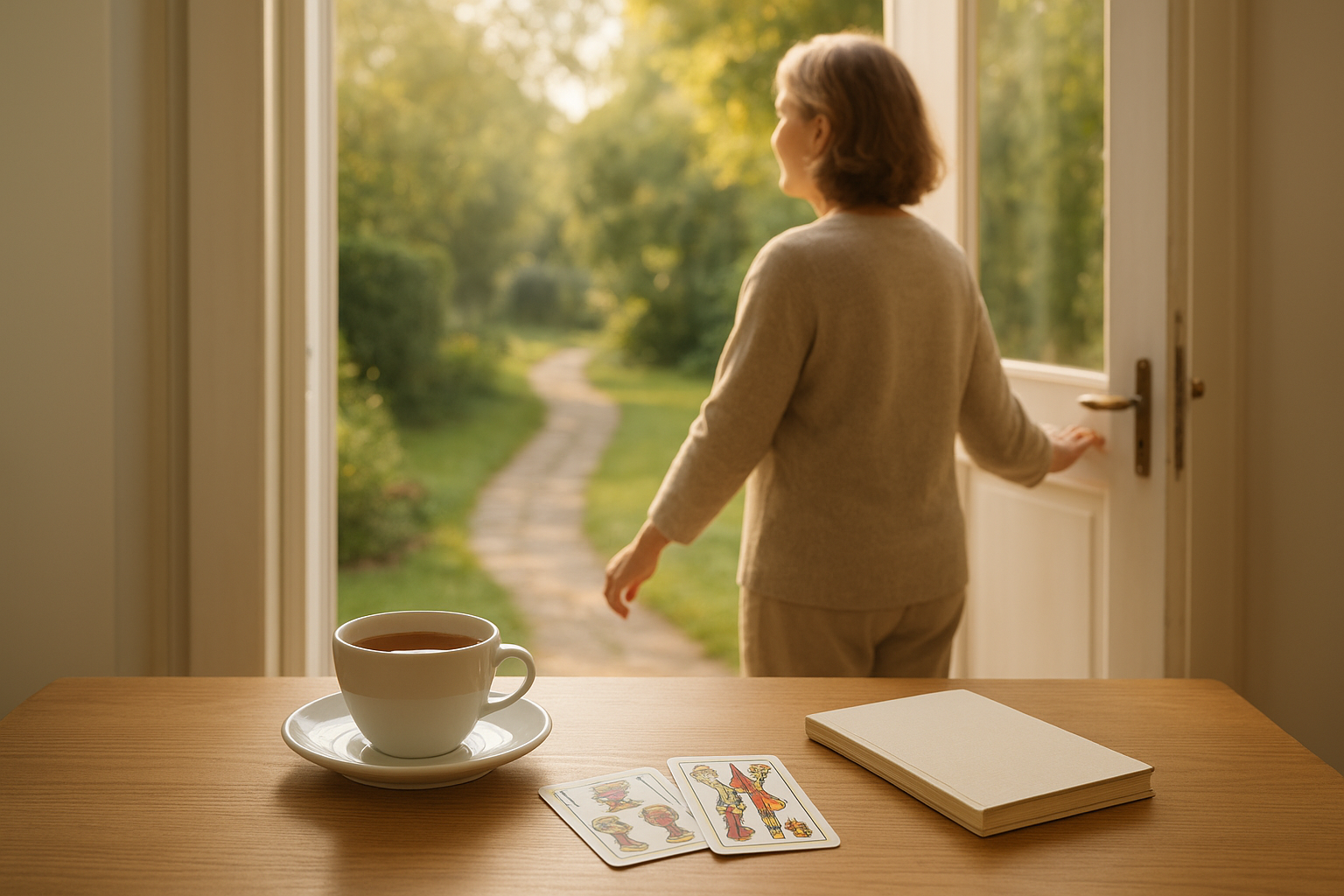 Mujer adulta abriendo una puerta y mirando hacia un jardín iluminado por la mañana; en el umbral se ven cartas de la Baraja Española colocadas junto a una taza y un cuaderno, con luz natural que entra por la ventana.