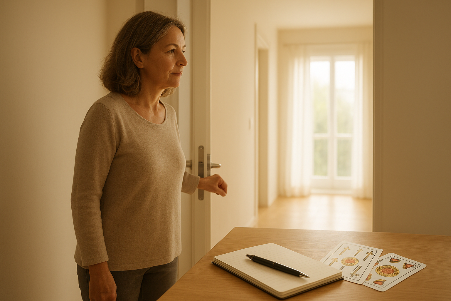 Mujer adulta abriendo una puerta hacia un espacio luminoso; en la escena se ven cartas de la Baraja Española sobre una esquina de la mesa y una ventana por la que entra luz natural.