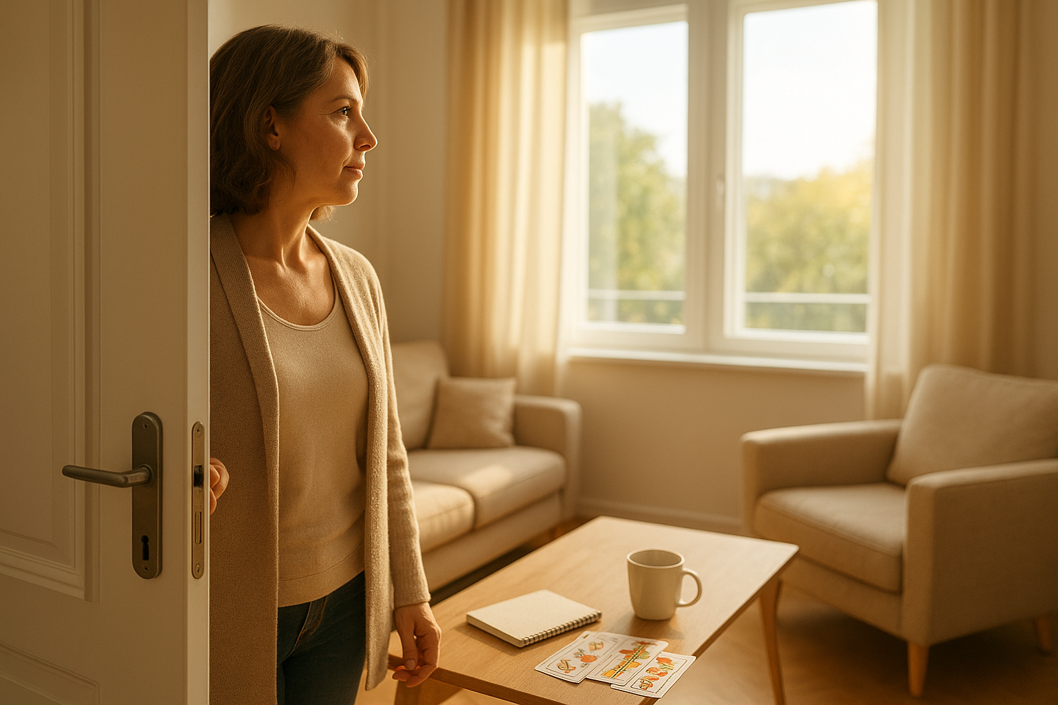 Mujer adulta abriendo una puerta hacia un espacio iluminado; cartas de la Baraja Española apoyadas junto a una ventana con luz natural, sensación de claridad y decisión.