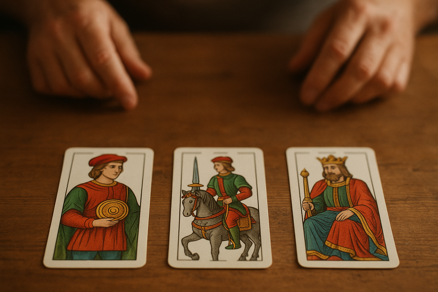 Manos sosteniendo tres cartas de la Baraja Española dispuestas sobre una mesa de madera