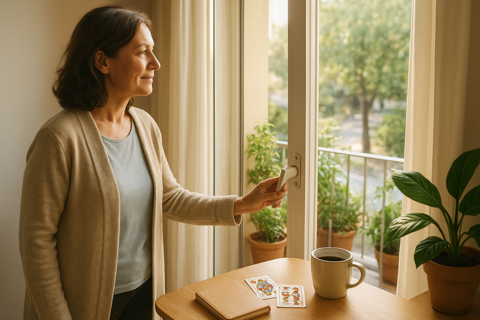 Mujer adulta abriendo una puerta iluminada por la mañana, con una baraja española apoyada discretamente en una mesa junto a una ventana con luz natural.