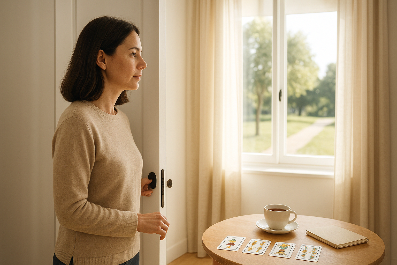 Mujer adulta abriendo una puerta hacia un espacio luminoso; al fondo una ventana que deja entrar luz natural. En un rincón se aprecian cartas de la Baraja Española sobre una mesita, integradas en la escena, que sugieren orientación y decisión.