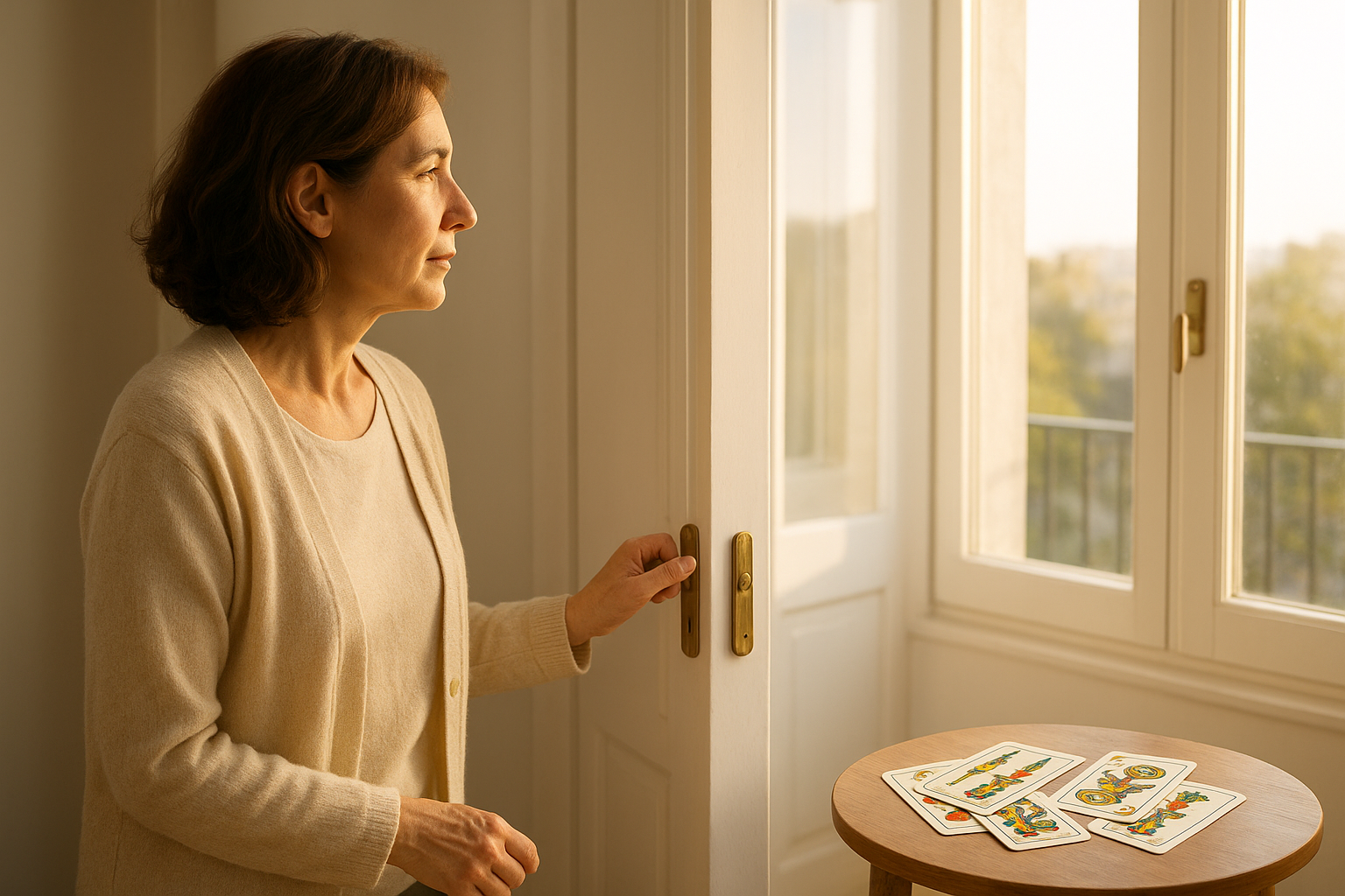 Mujer adulta abriendo una puerta hacia un espacio luminoso, con una ventana al fondo y una baraja española en una mesita a un lado, sensación de claridad y decisión.