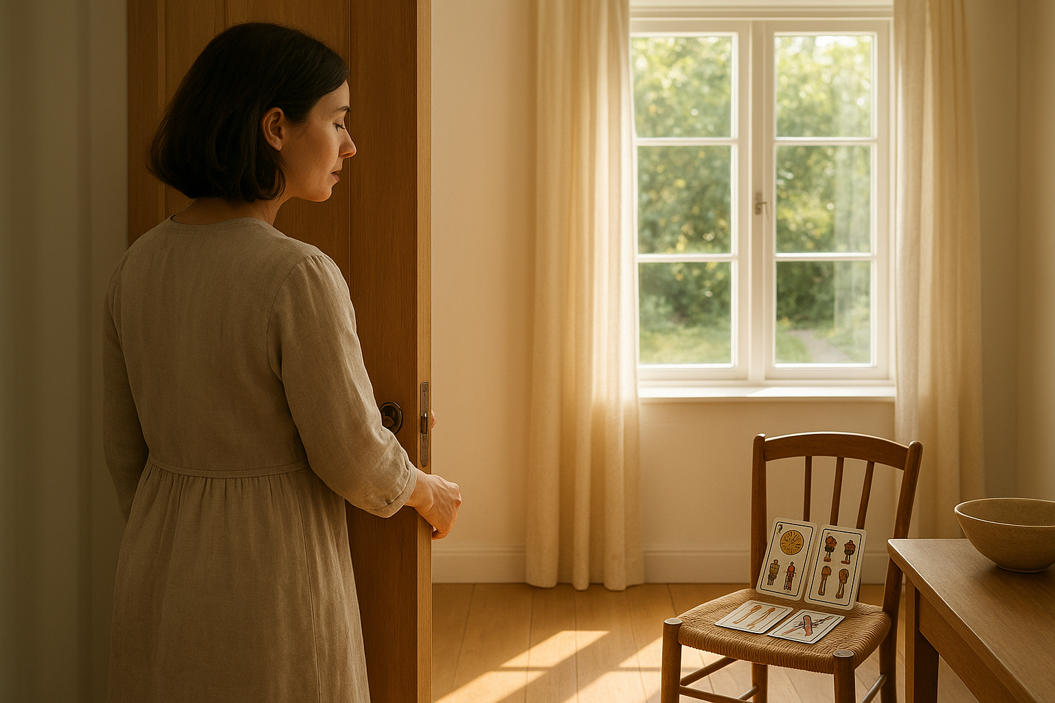 Mujer adulta abriendo una puerta hacia un interior iluminado, con luz natural y cartas de la Baraja Española visibles de forma sutil en el umbral.