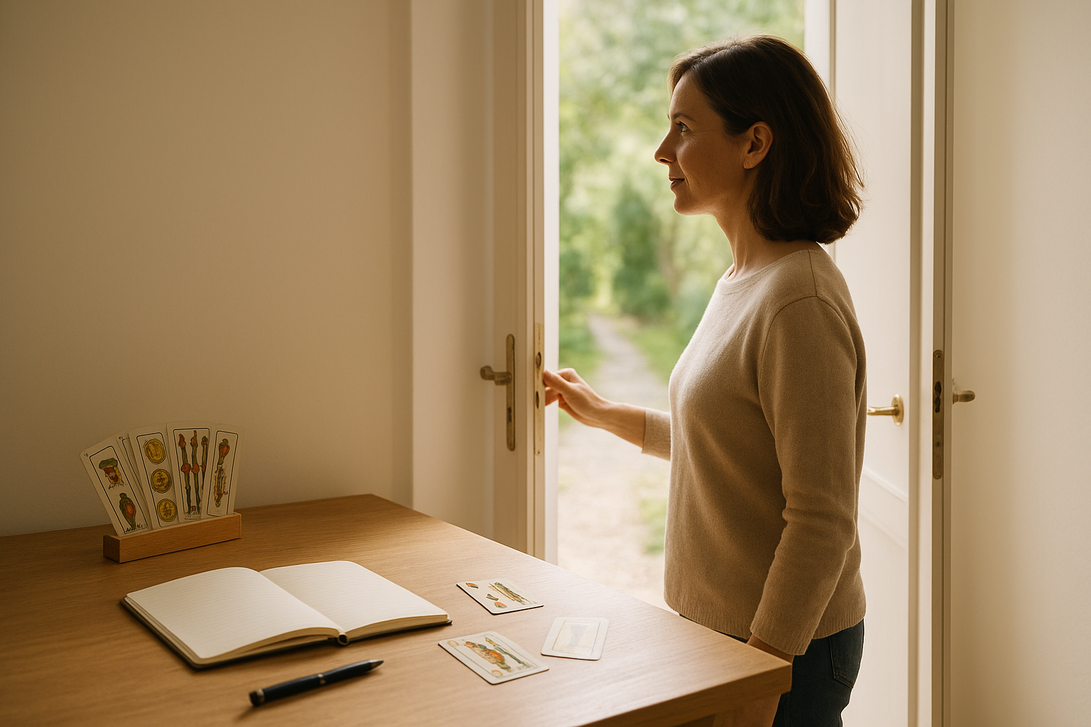 Mujer adulta abriendo una puerta bañada por luz natural, con cartas de la Baraja Española discretamente en segundo plano y un camino luminoso al exterior