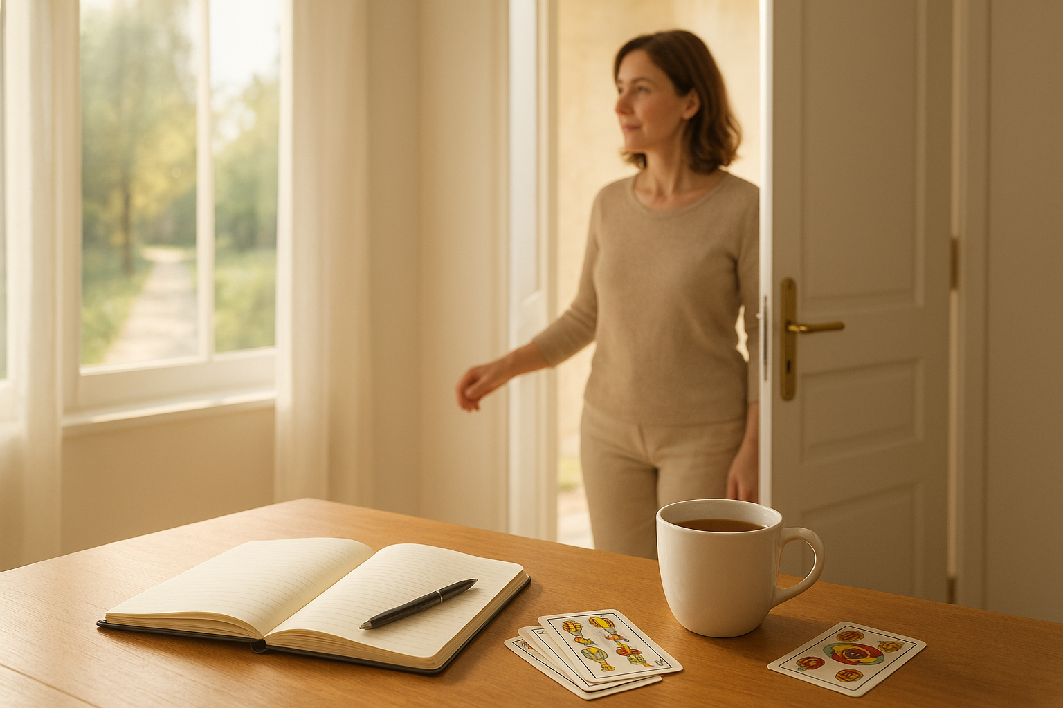Mujer adulta abriendo una puerta hacia un espacio luminoso con cartas de Baraja Española visibles en una mesita lateral, luz natural entrando por una ventana y sensación de claridad.