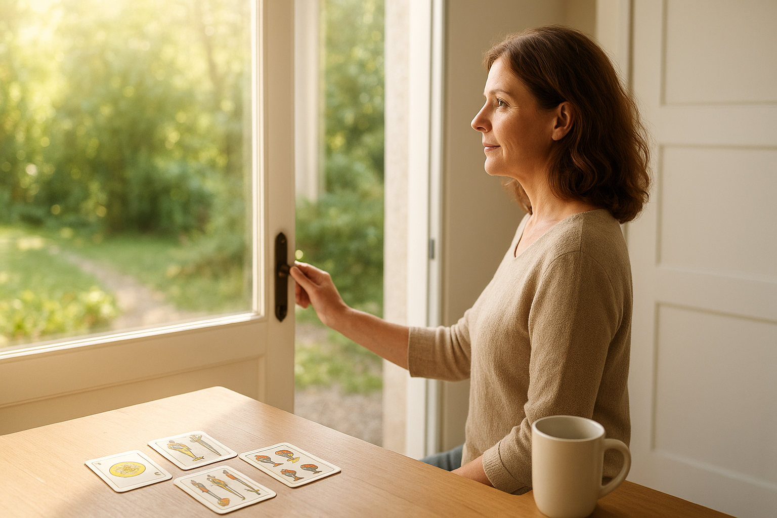 Mujer adulta abriendo una puerta hacia un espacio luminoso; al fondo se ven cartas de la Baraja Española sobre una mesa junto a una ventana que deja entrar luz natural.
